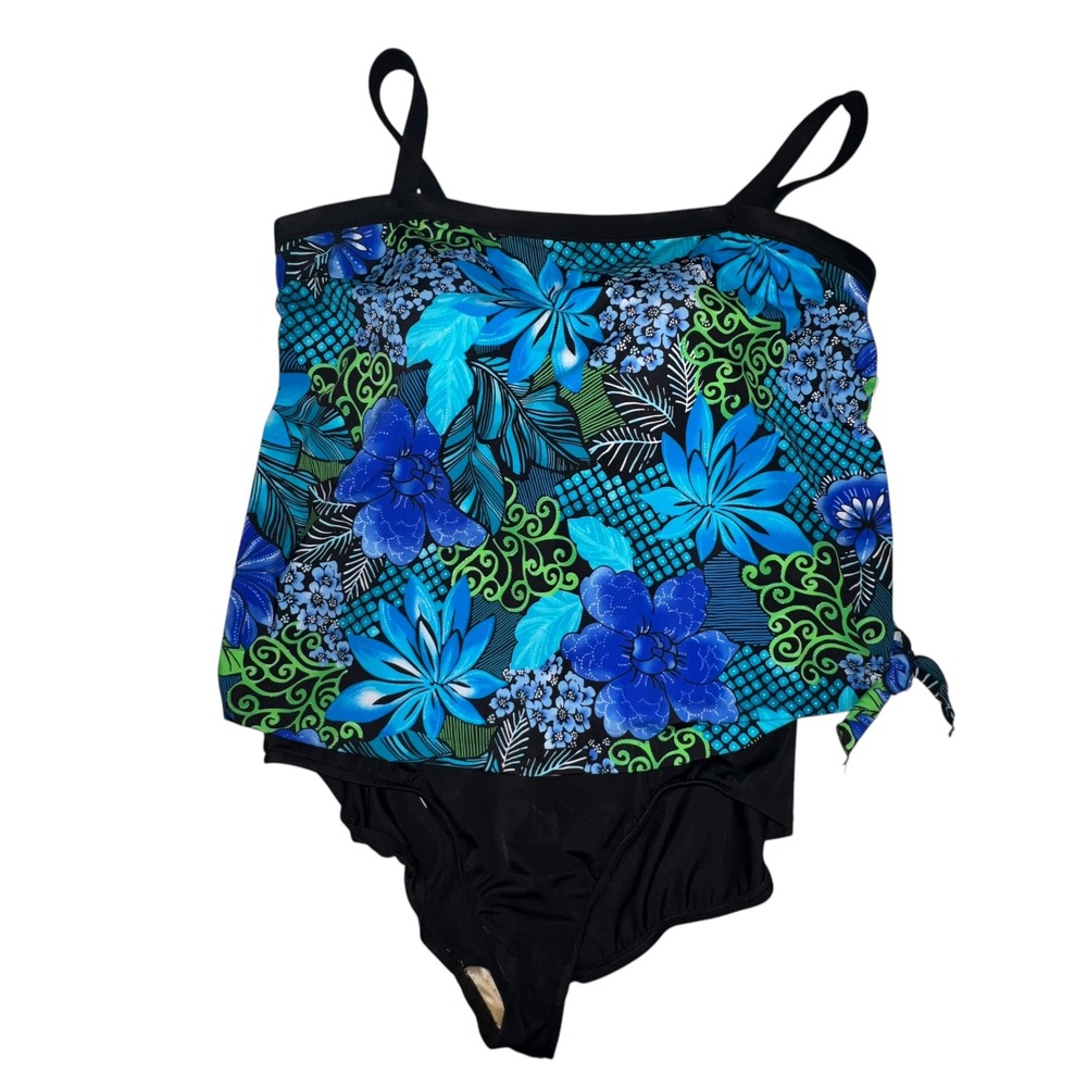 Maxine of Hollywood Blue Floral Bandeau Faux Tankini Swimsuit 22W One Piece New